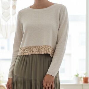 Anthropologie Knitted & Knotted Sweater XS Lace Trim Boho Chic